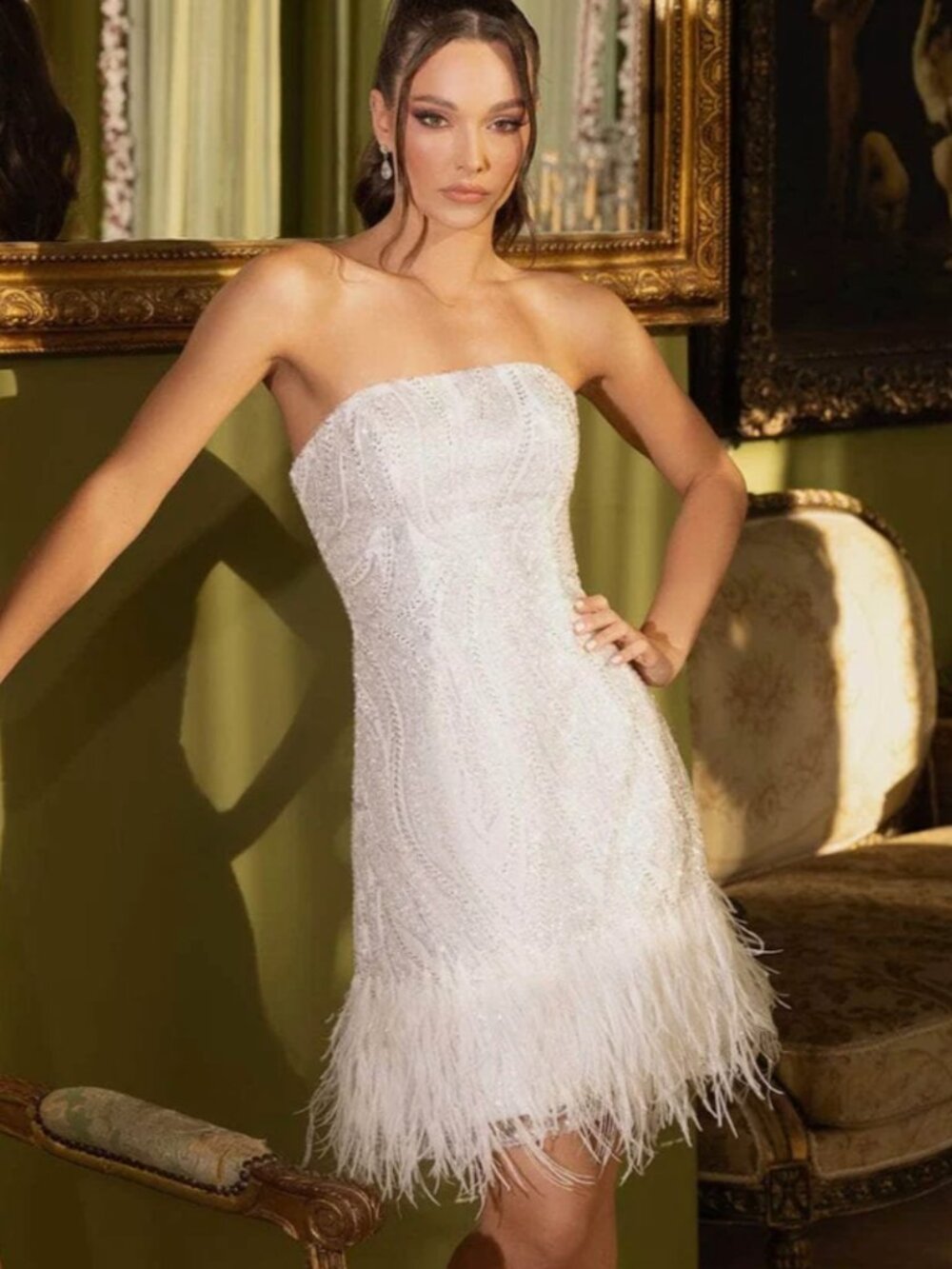 Terani Couture Strapless Feathered Detailed Ballgown